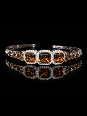 Smokey Quartz & Zirchon Open Cuff Sterling Silver Bracelet 11.10 cts